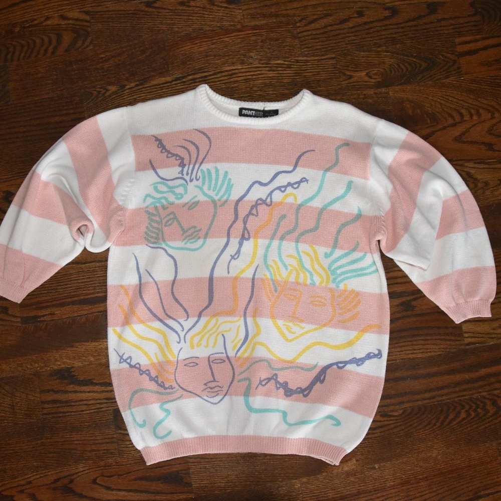 80s 90s VTG retro SWEATER womens M medium pink white artsy 100% cotton Faces